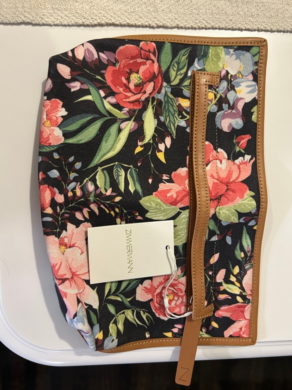 Zimmermann Black Floral Canvas Wristlet with Tan Trim